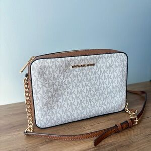 Michael Kors Signature White and Tan Crossbody Bag
